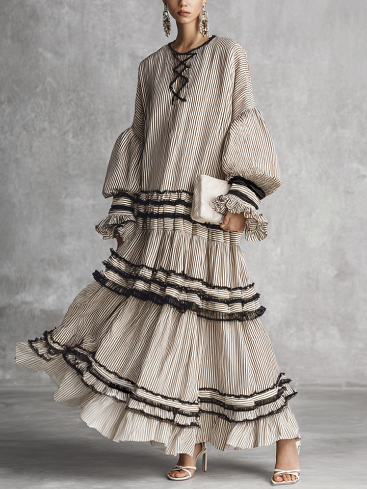 Vestido Maxi de Manga Larga en Mezcla de Algodón con Volantes a Rayas Boho para Mujeres MDZ1426B2BA