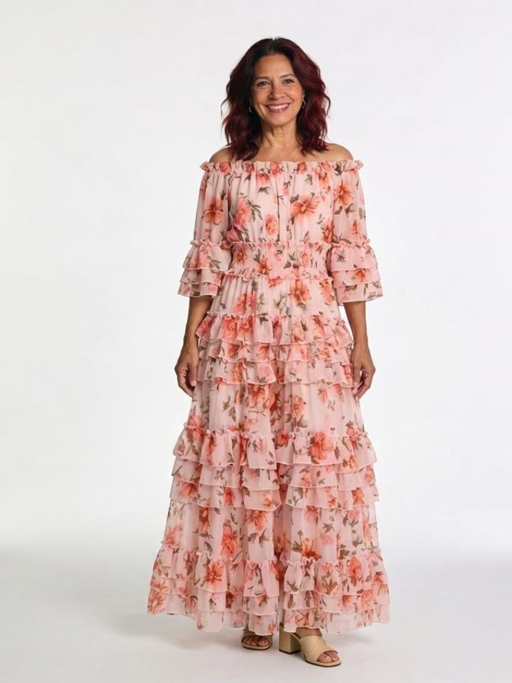 Rosalie | Vestido Maxi con Volantes Florales y Hombros Descubiertos