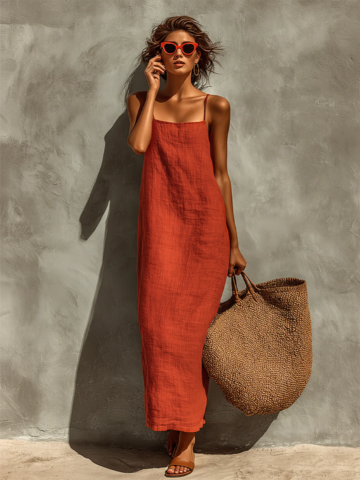 Robe Roja de Algodón para Mujeres con Tirantes Espagueti y Escote Cuadrado, Vestido de Estilo Boho-Resort Atemporal MDZ0924C3I