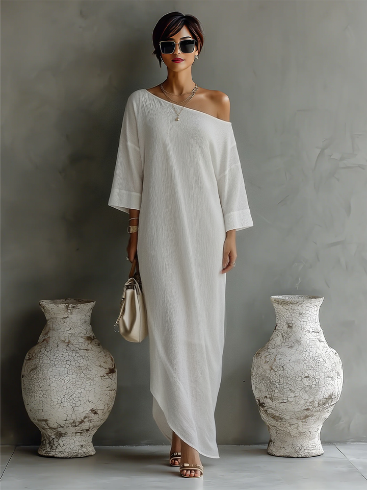 Ropa Elegante Fluida con Hombro Descubierto en Mezcla de Algodón-Lino Marfil Blanco MDA3032K4T