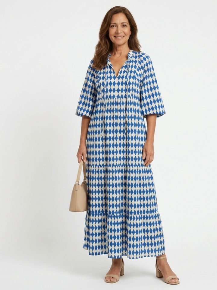 Elodie | Vestido con estampado de diamantes y falda con volantes