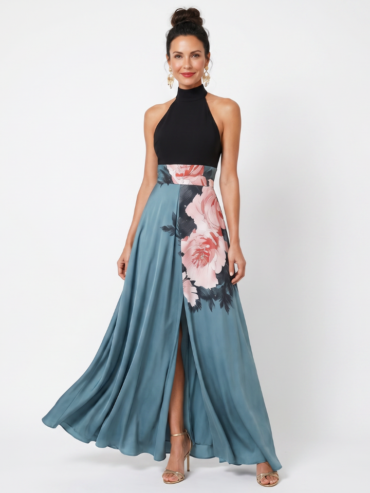 Olympas | Vestido Maxi con Escote Halter y Falda Floral