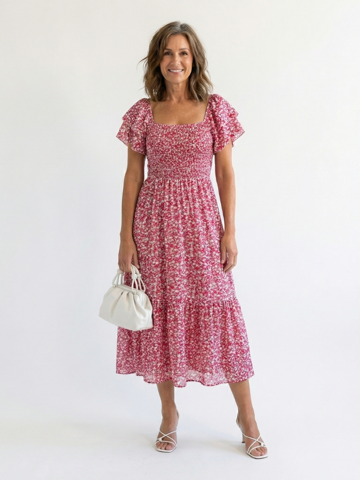 Odette | Vestido Midi Con Volantes y Hombros Descubiertos