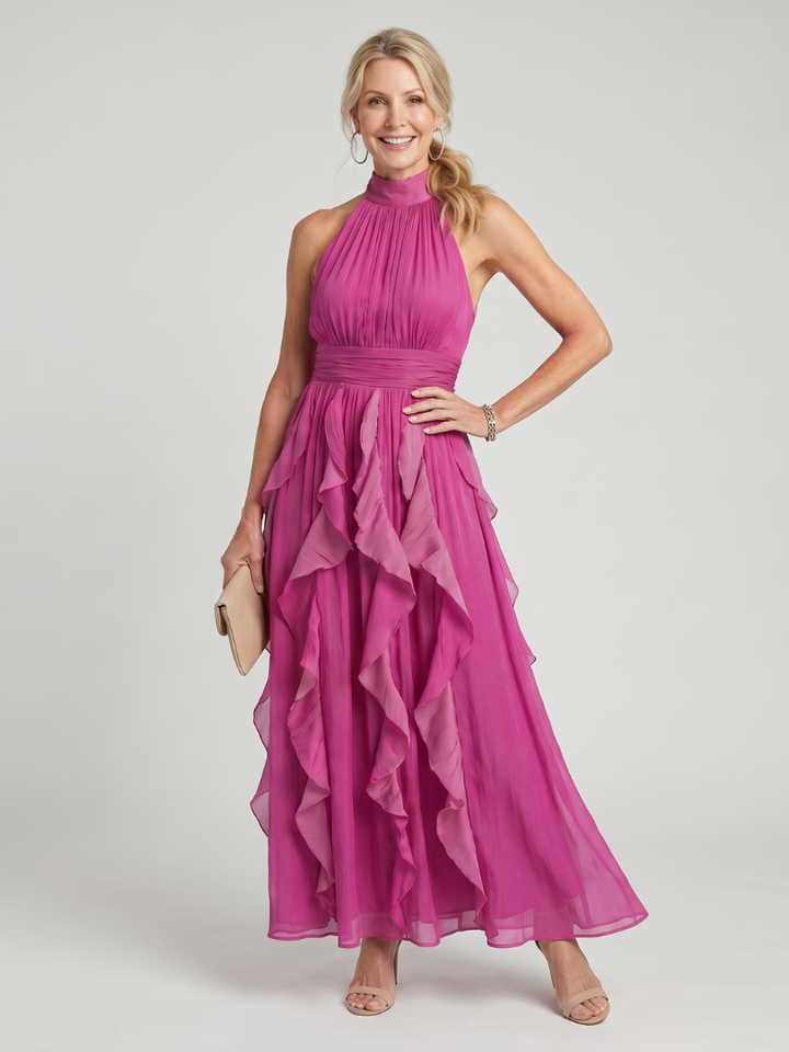 Orea | Vestido Maxi de Cuello Alto con Volantes Fruncidos