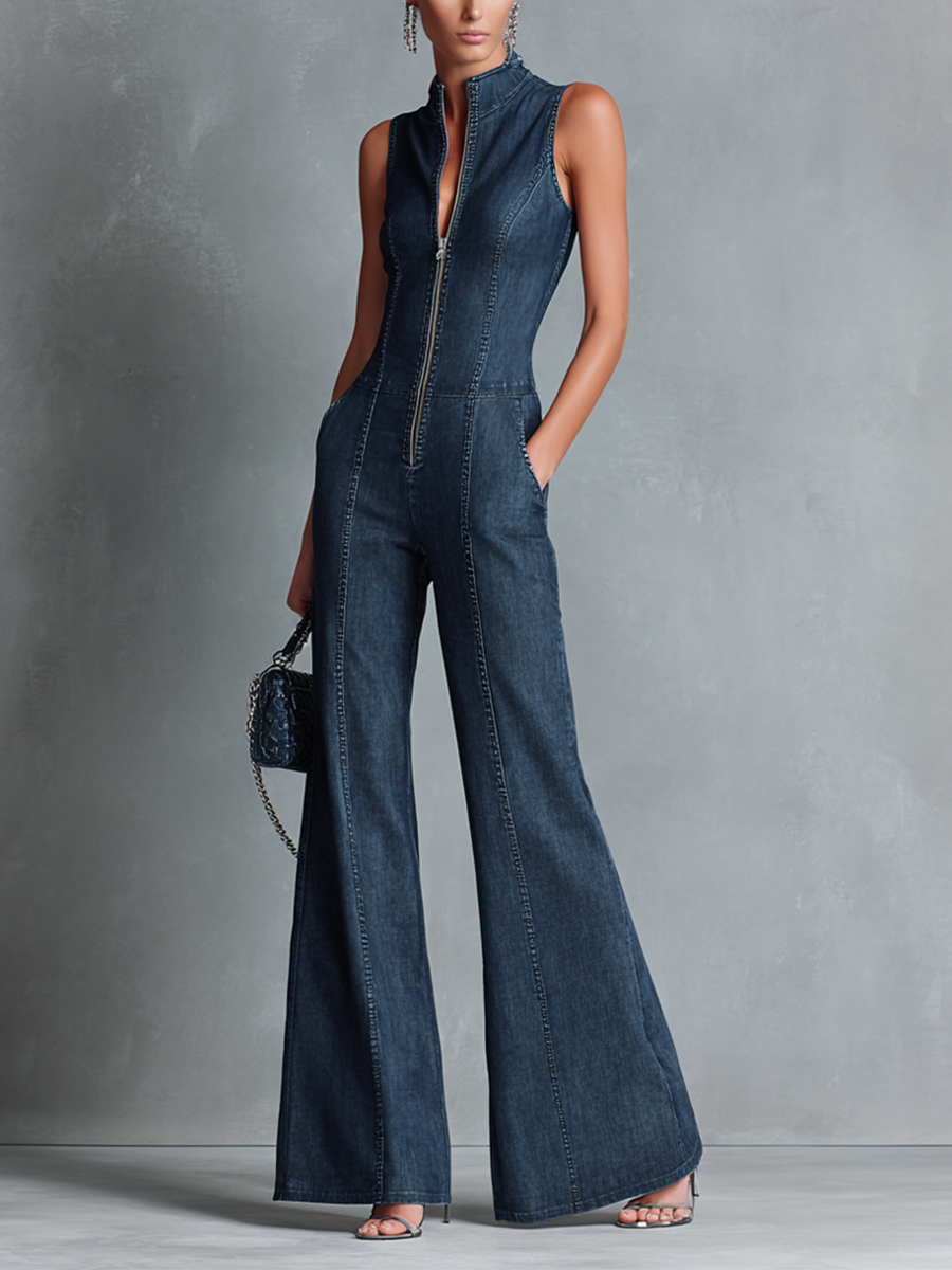 Mono Retro de Jean de Denim Azul Oscuro Sin Mangas con Cuello Alto y Pantalón Acampanado con Cierre MDZ1239B2BA