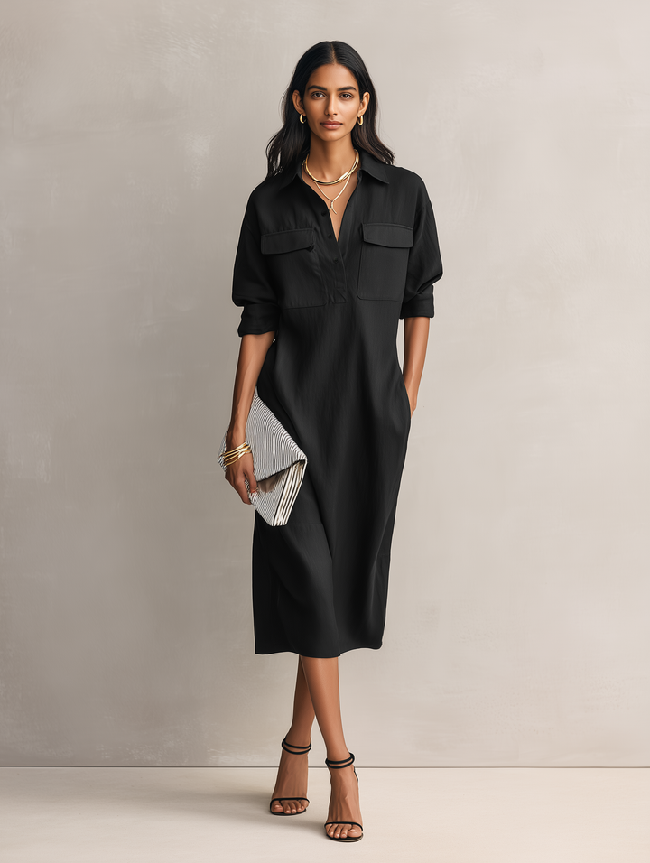 Ropa Midi Elegante Mujer en Mezcla de Algodón-Lino Negro con Cuello de Camisa y Mangas Cortas MDZ0455C2AN