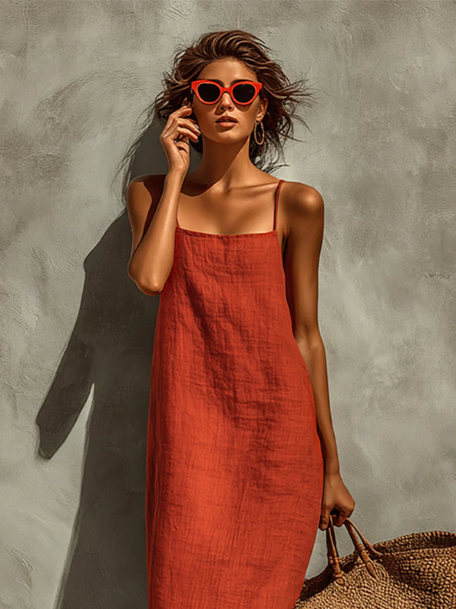 Robe Roja de Algodón para Mujeres con Tirantes Espagueti y Escote Cuadrado, Vestido de Estilo Boho-Resort Atemporal MDZ0924C3I