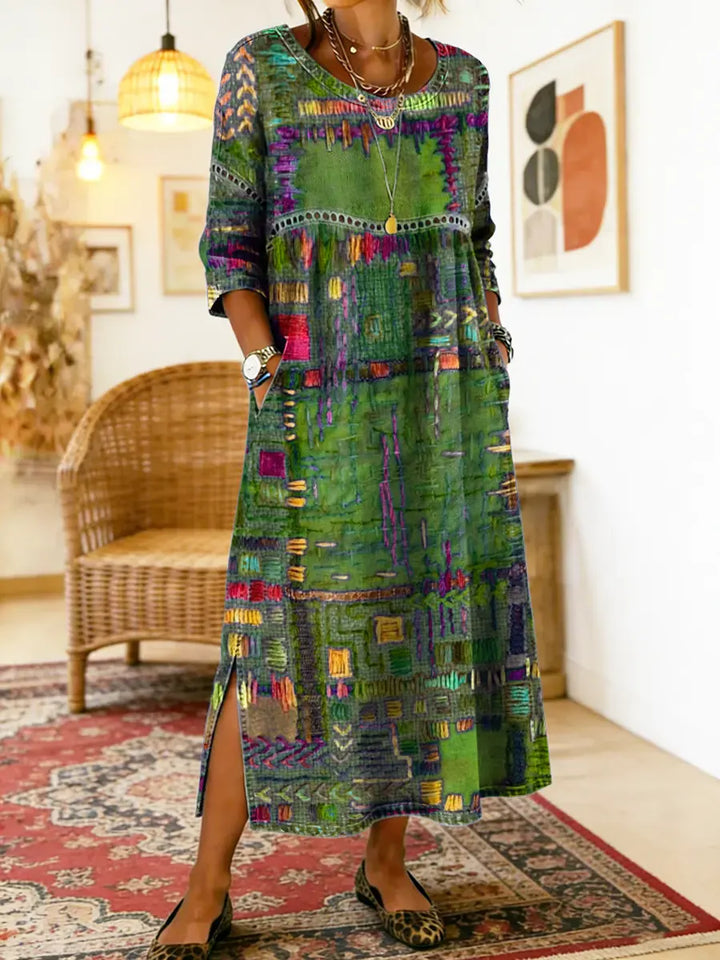 Manuela | Vestido de Denim con Patchwork Étnico