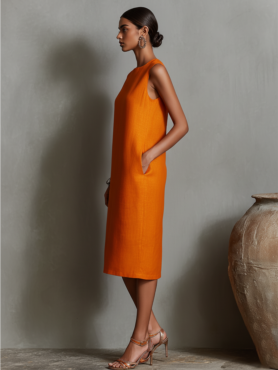 Ropa Shift de Lino Naranja para Mujeres con Cuello Redondo Sin Mangas y Bolsillos Laterales, Estilo Elegante Minimalista Atemporal MDZ2851C7I