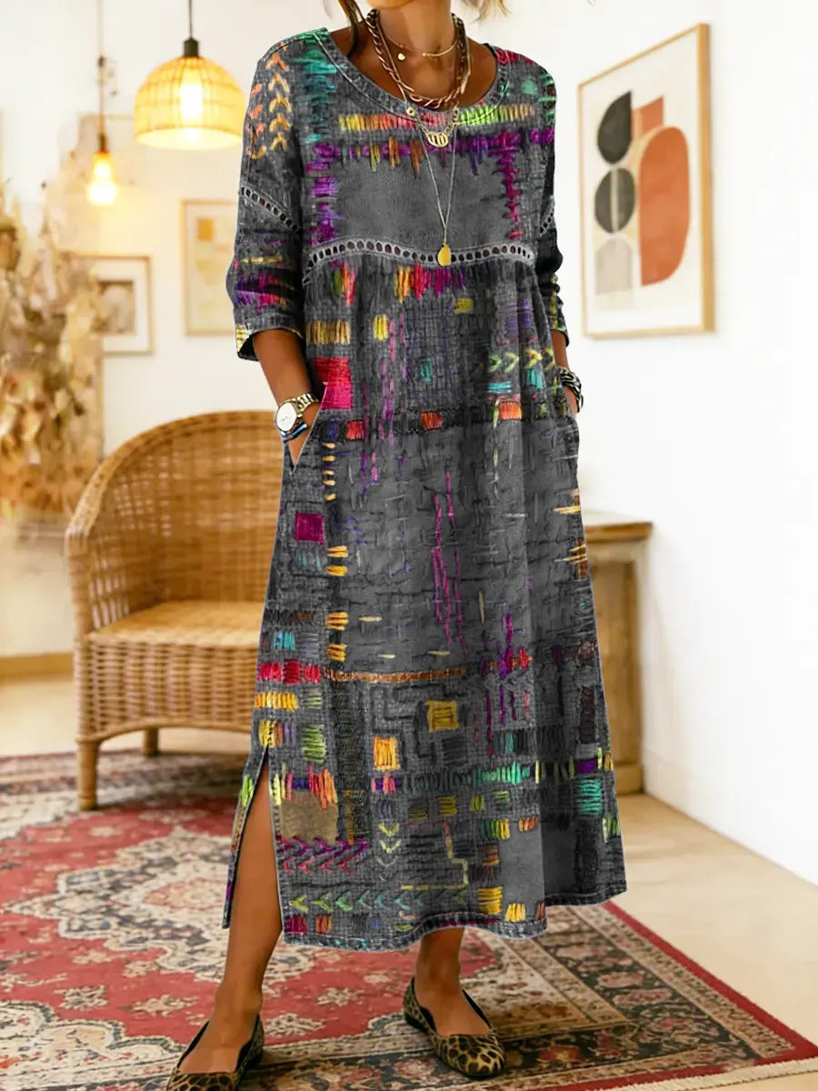Manuela | Vestido de Denim con Patchwork Étnico