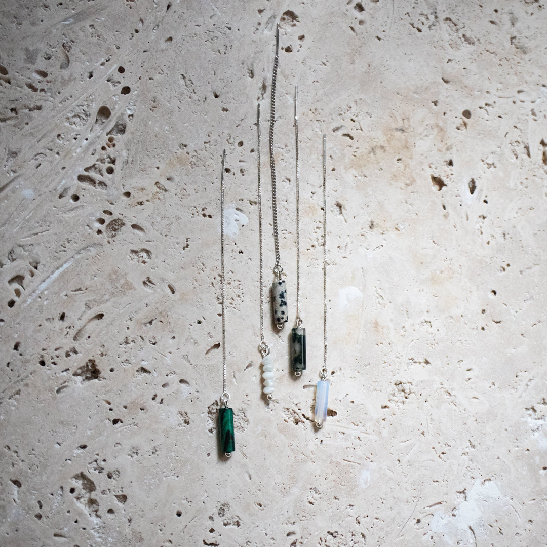 Pendientes Threader de Filigrana con Ágata Musgo – Plata de Ley 925, hecho a mano