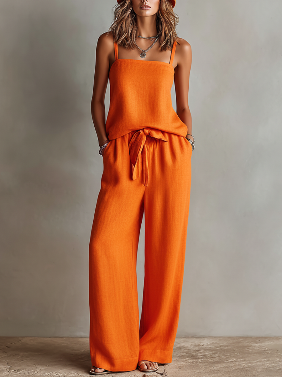 Conjunto de Dos Piezas de Lino Naranja para Mujeres con Top Cami de Cuello Cuadrado & Pantalón Ancho con Cintura con Lazo, Estilo Boho-Resort Atemporal MDZ0825D5I