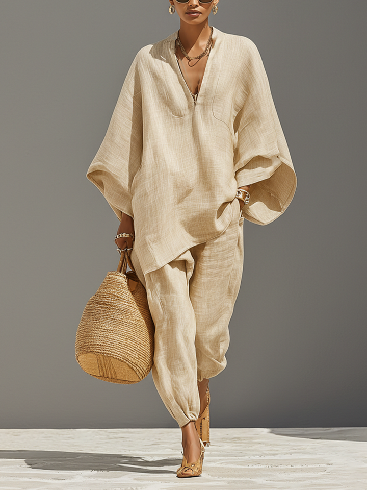 Conjunto Neutro de Lino para Mujeres con Dobladillo Asimétrico y Diseño Minimalista, Conjunto de Estilo Casual Refinado MDZ0501B3I