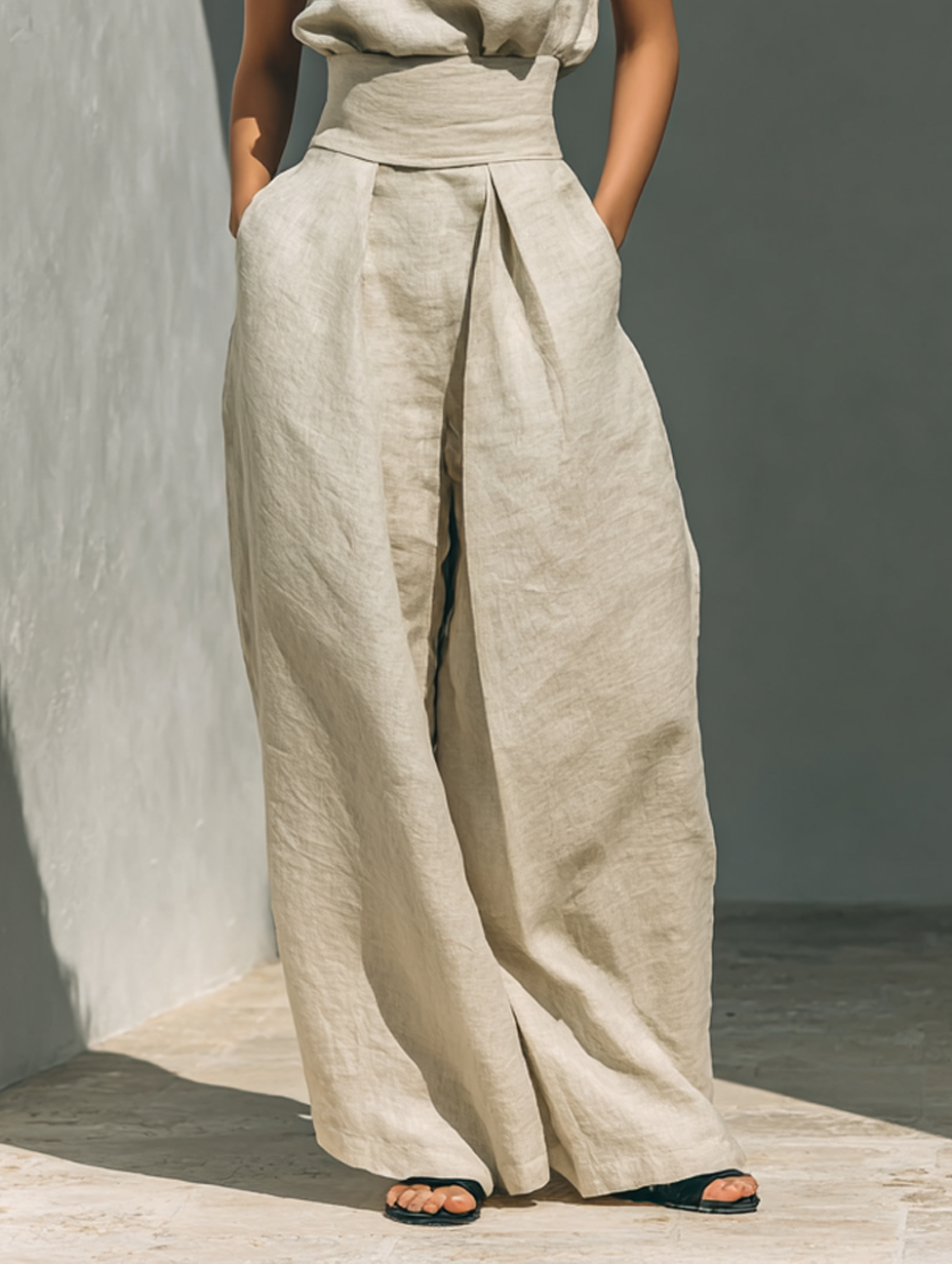 Conjunto de Blusa Sin Mangas en Mezcla de Algodón y Lino y Pantalón Ancho MDZ0873A5Y