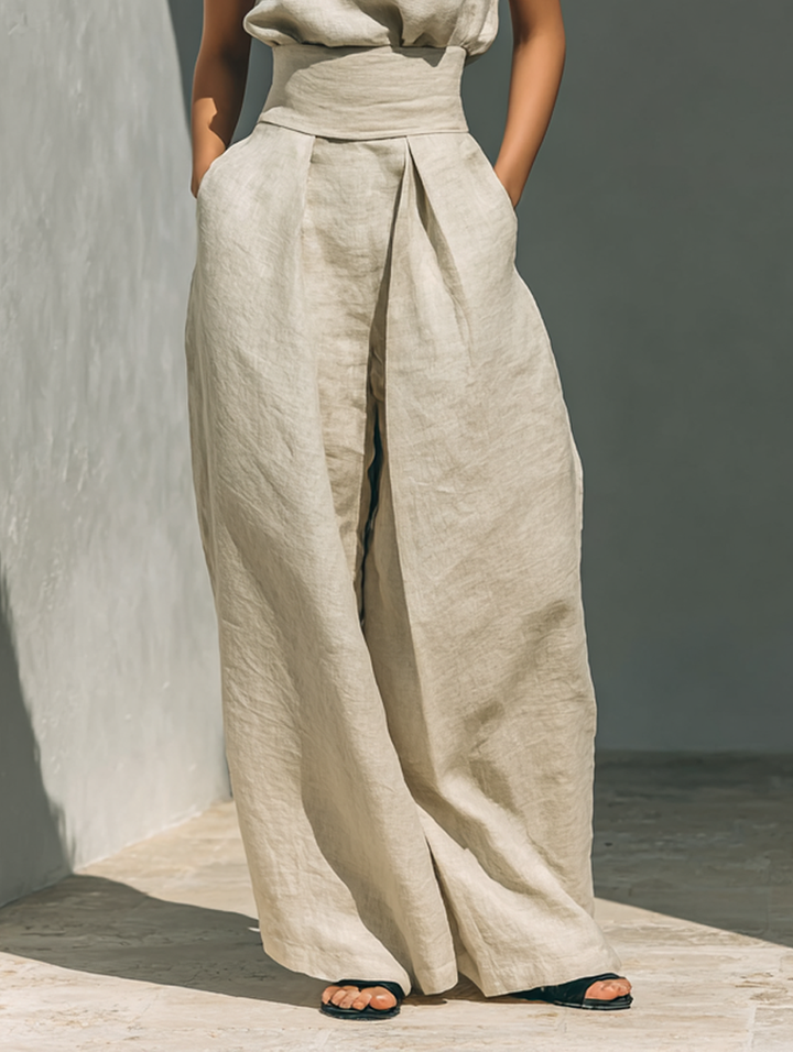 Conjunto de Blusa Sin Mangas en Mezcla de Algodón y Lino y Pantalón Ancho MDZ0873A5Y