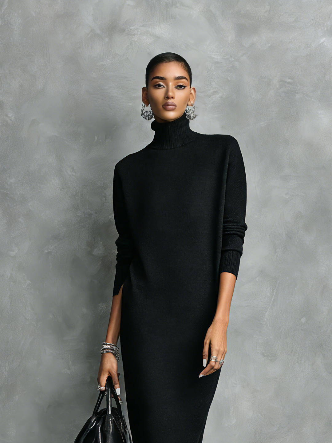 Ropa Midi Amplia de Tejido Negro Elegante para Mujeres con Cuello y Mangas Largas Sin Bolsillos MDA1974L7AN