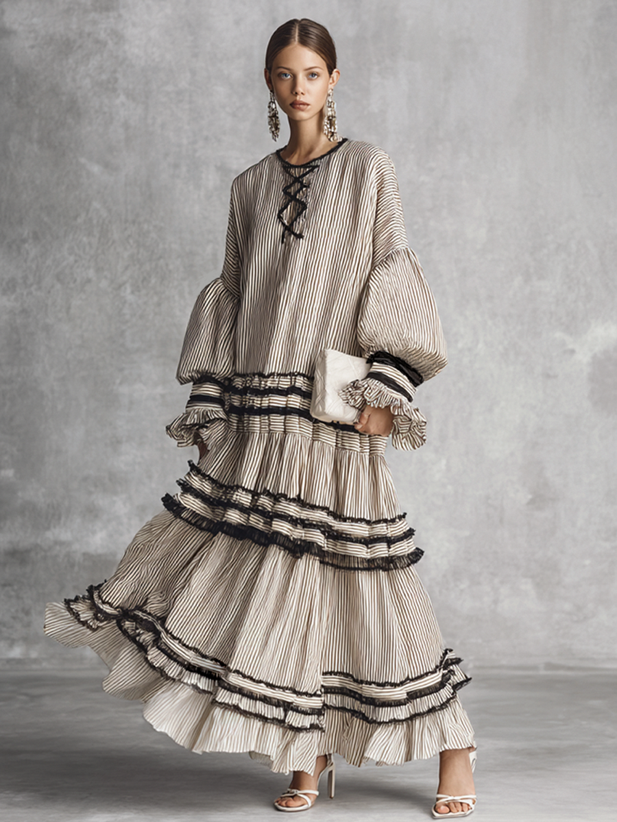 Vestido Maxi de Manga Larga en Mezcla de Algodón con Volantes a Rayas Boho para Mujeres MDZ1426B2BA