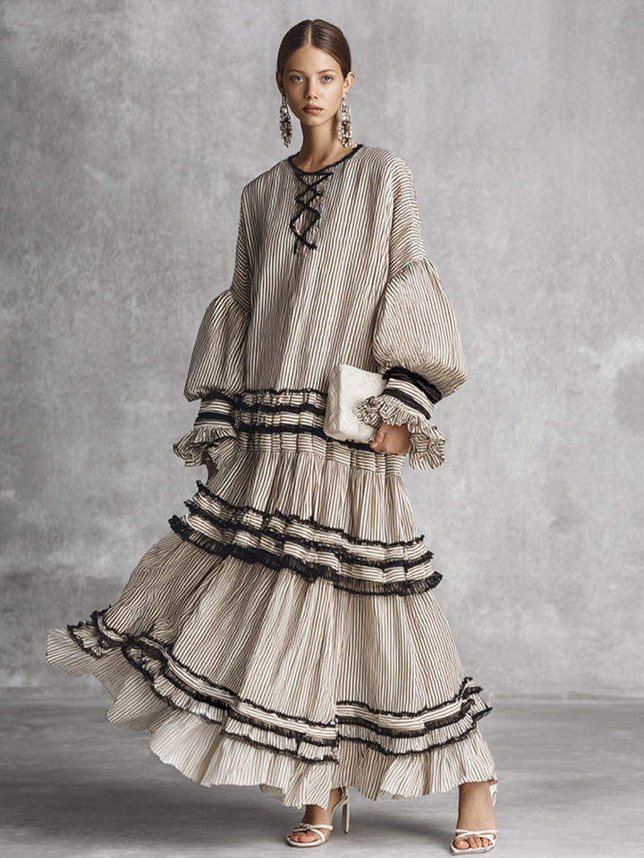Vestido Maxi de Manga Larga en Mezcla de Algodón con Volantes a Rayas Boho para Mujeres MDZ1426B2BA