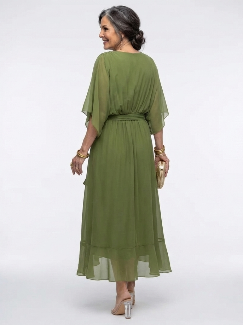Elysia | Vestido midi drapeado con escote en V y cinturón en la cintura