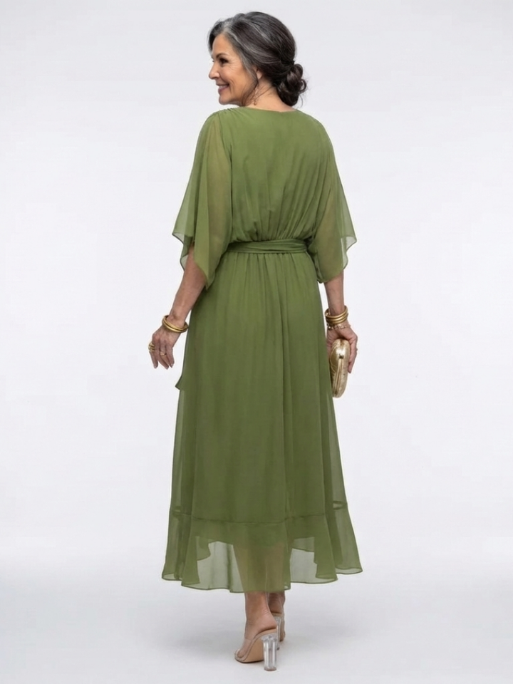 Elysia | Vestido midi drapeado con escote en V y cinturón en la cintura