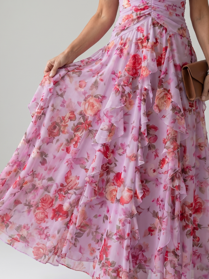 Nori | Vestido Maxi con Escote Halter y Corsé Fruncido Floral