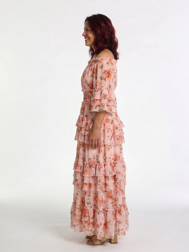 Rosalie | Vestido Maxi con Volantes Florales y Hombros Descubiertos
