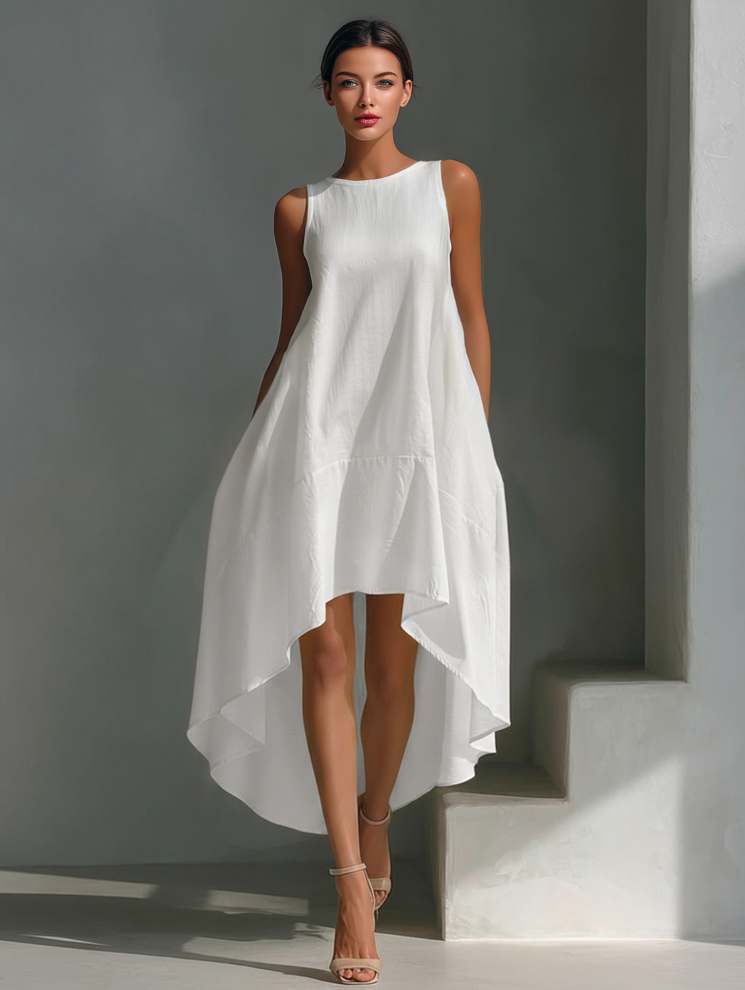 Ropa Midi Sin Mangas de Lino Blanco para Mujeres con Cuello Redondo y Dobladillo Asimétrico MDZ0987B9T
