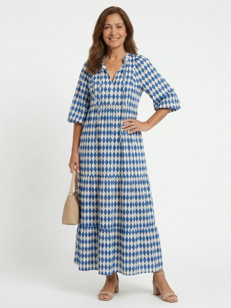 Elodie | Vestido con estampado de diamantes y falda con volantes