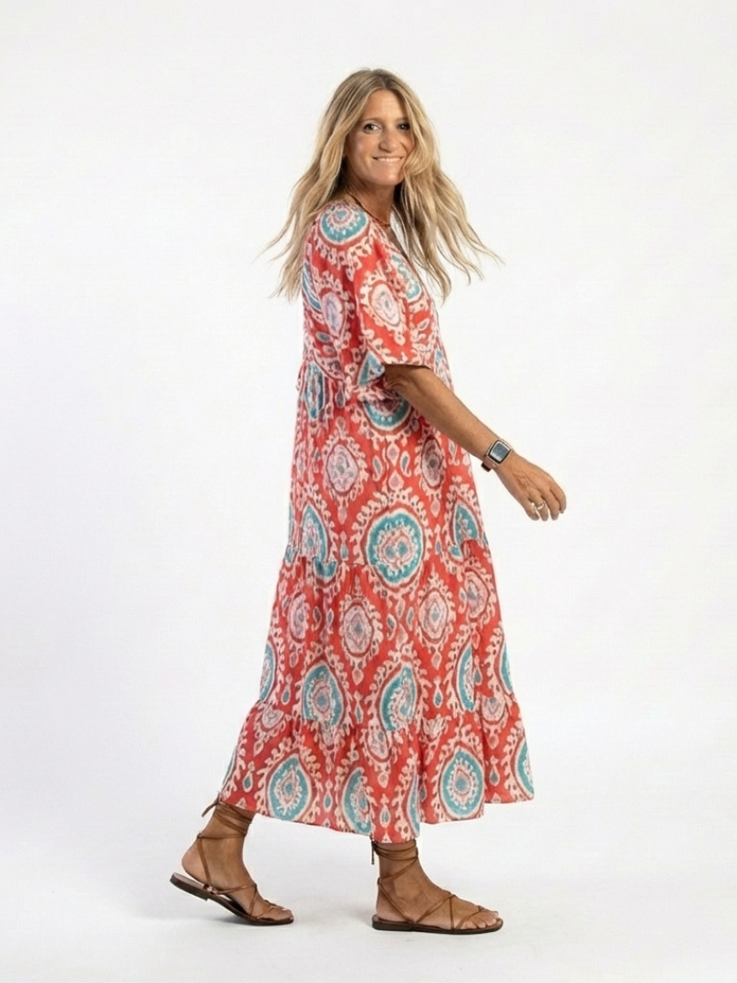 Zaria | Vestido midi con estampado paisley y escote en V con mangas cortas