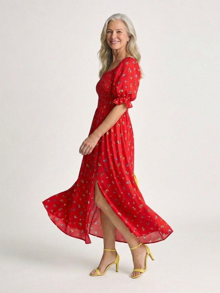 Delphine | Vestido midi con escote cuadrado y estampado floral