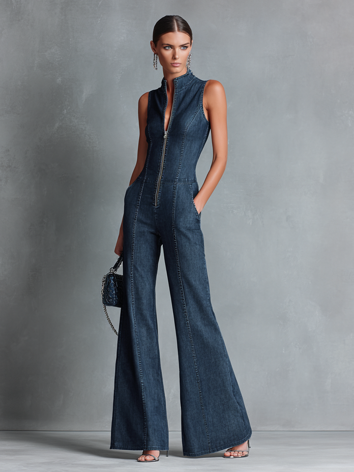 Mono Retro de Jean de Denim Azul Oscuro Sin Mangas con Cuello Alto y Pantalón Acampanado con Cierre MDZ1239B2BA
