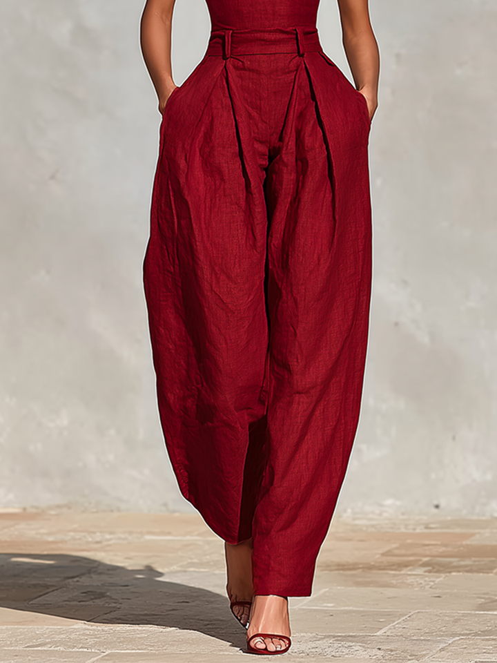 Mono de Lino Rojo para Mujeres con Tirantes Espagueti y Pantalón Plisado de Cintura Alta, Estilo Elegante y Romántico Atemporal MDZ1915C8I