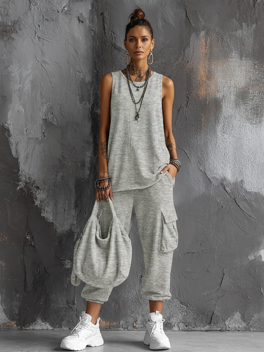 Conjunto de Top Sin Mangas en Mezcla de Algodón Gris Oscuro + Pantalón Cargo Jogger para Mujeres MDZ2365D7GMJ