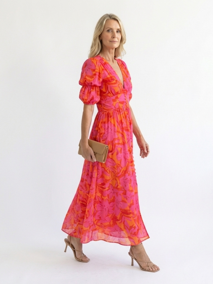 Saule | Robe midi à décolleté en V fleuri avec manches bouffantes