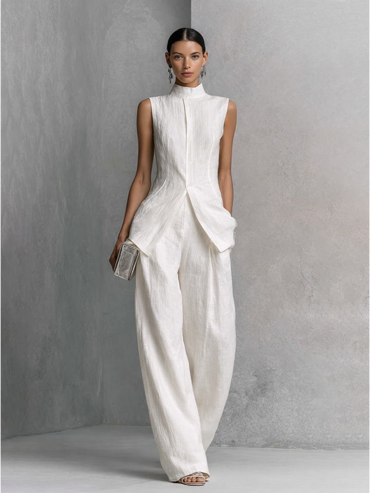 Conjunto de Top Sin Mangas y Pantalón Ancho de Algodón Lino Blanco Elegante para Mujeres MDZ0221B1BA