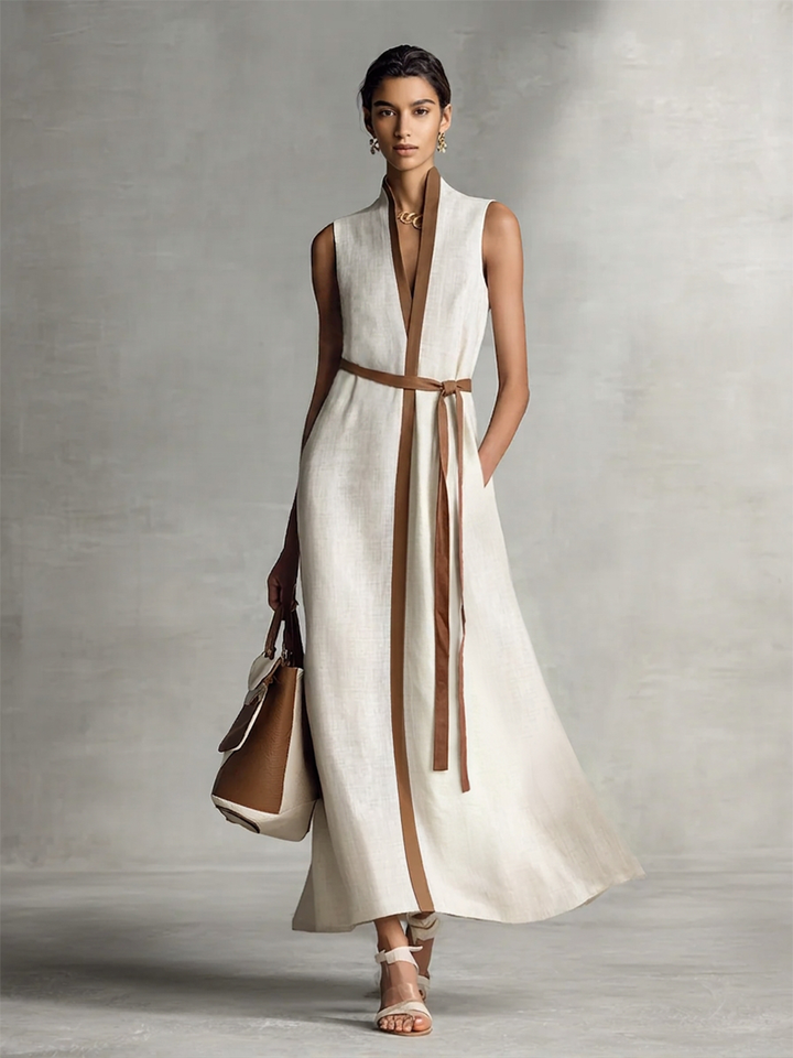 Vestido Maxi de Algodón y Lino con Tirantes Sin Mangas para Mujeres MDZ1153B7BA