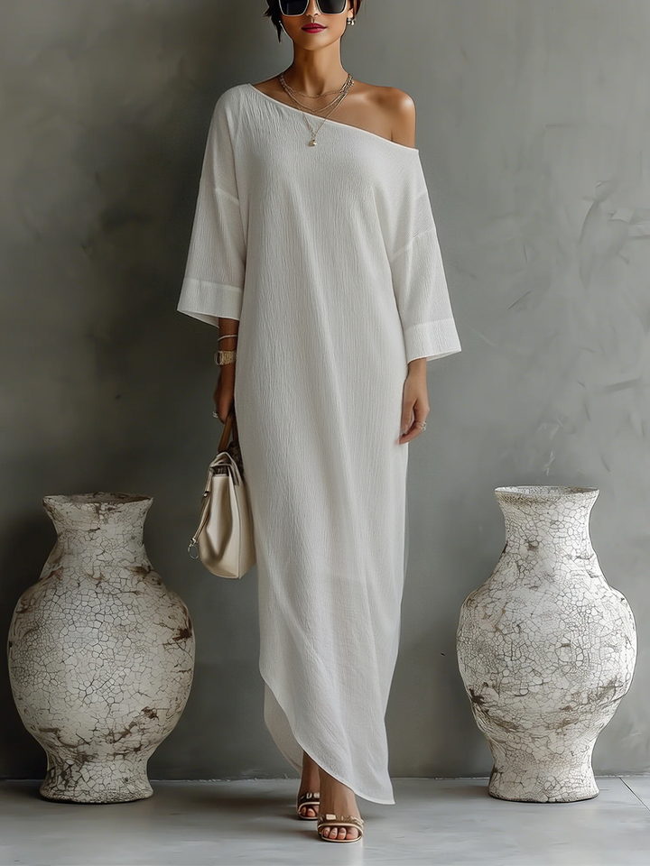 Ropa Elegante Fluida con Hombro Descubierto en Mezcla de Algodón-Lino Marfil Blanco MDA3032K4T