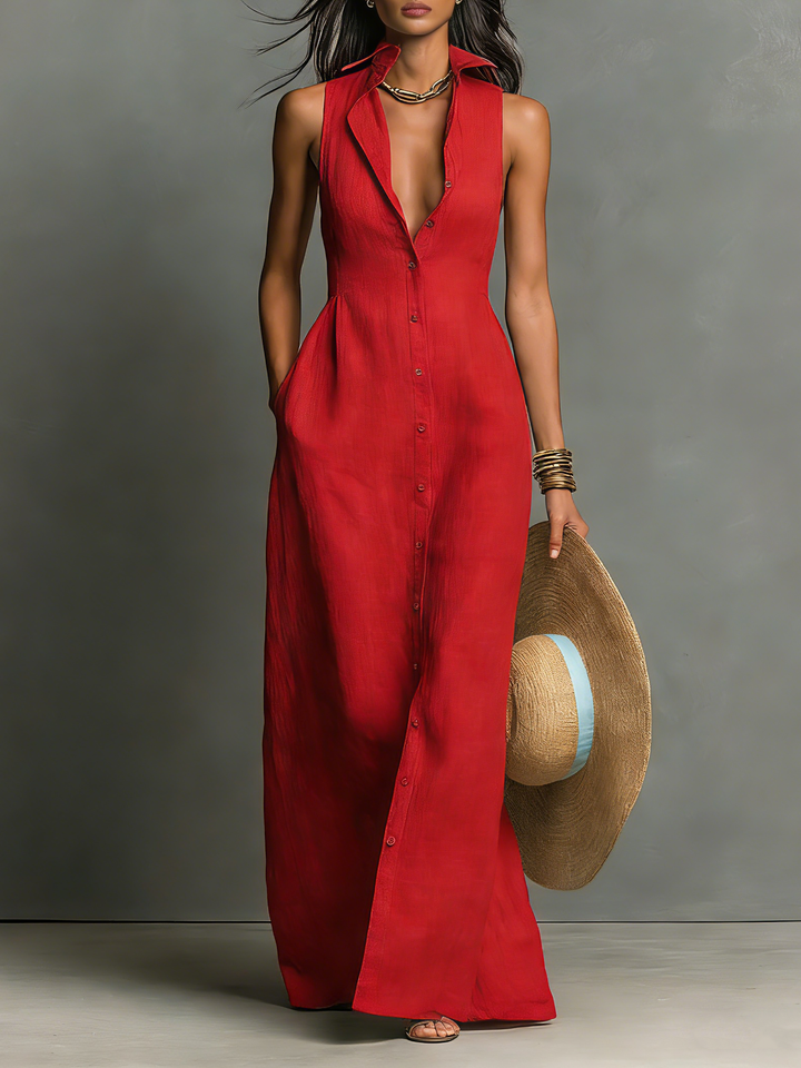 Vestido Camisa Maxi Sin Mangas con Cuello Minimalista en Mezcla de Lino para Mujeres MDZ1011C0Y