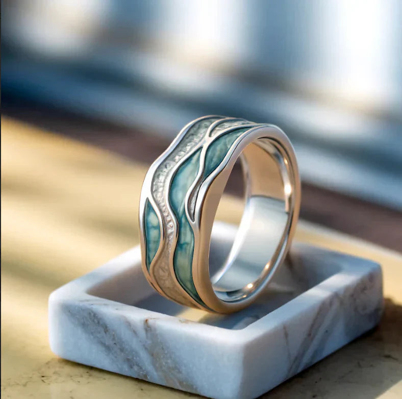 Anillo Ondas Plateadas Turquesa