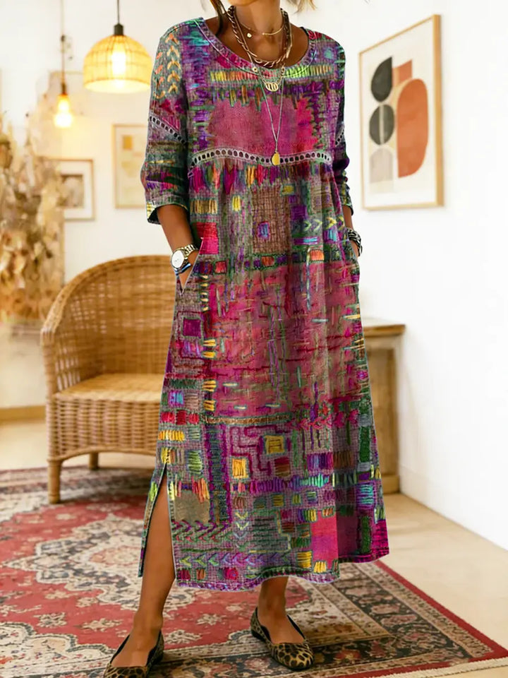 Manuela | Vestido de Denim con Patchwork Étnico