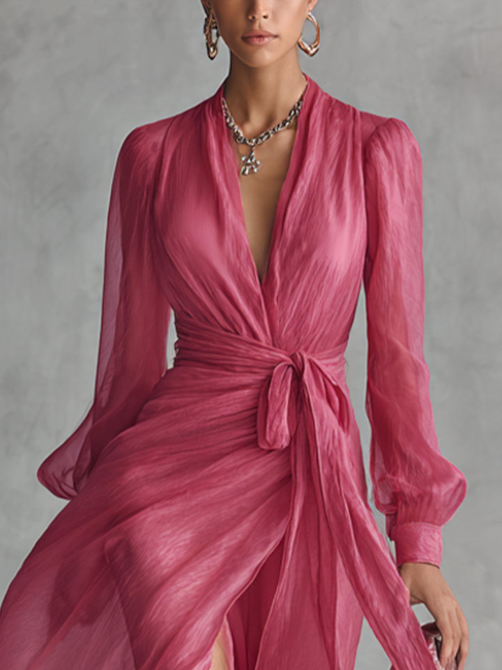 Ropa Larga Elegante de Chiffón Rosa con Perlas para Mujeres, Escote en V, Cintura Ceñida MDZ1925A7BA