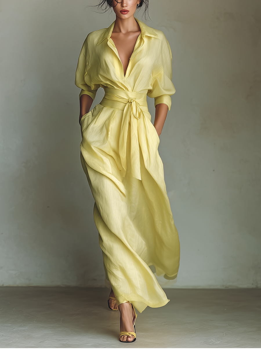 Ropa Maxi Camisa Mujer En Amarillo Limón Mezcla De Algodón Y Lino Con Cinturón Para Atar & Mangas Tres Cuartos MDZ2884A4T