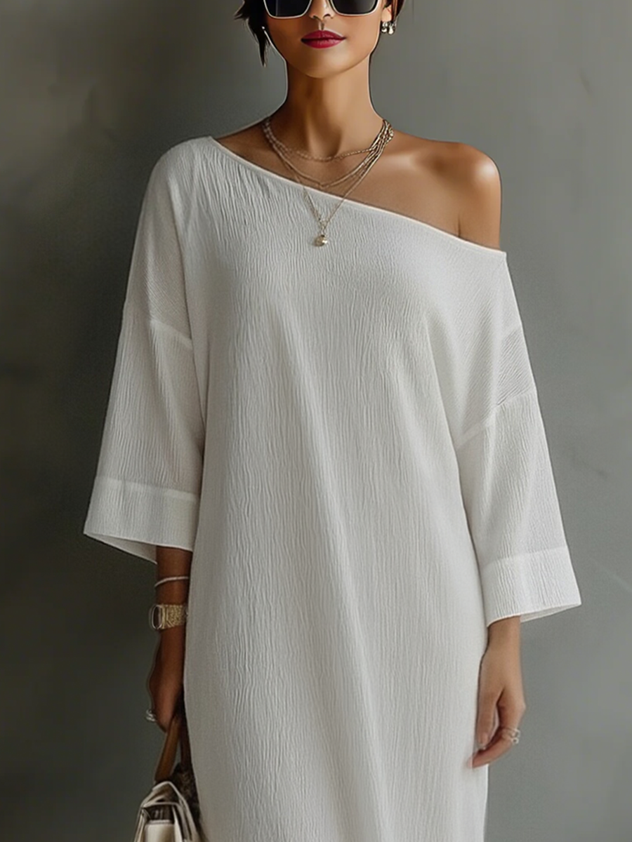 Ropa Elegante Fluida con Hombro Descubierto en Mezcla de Algodón-Lino Marfil Blanco MDA3032K4T