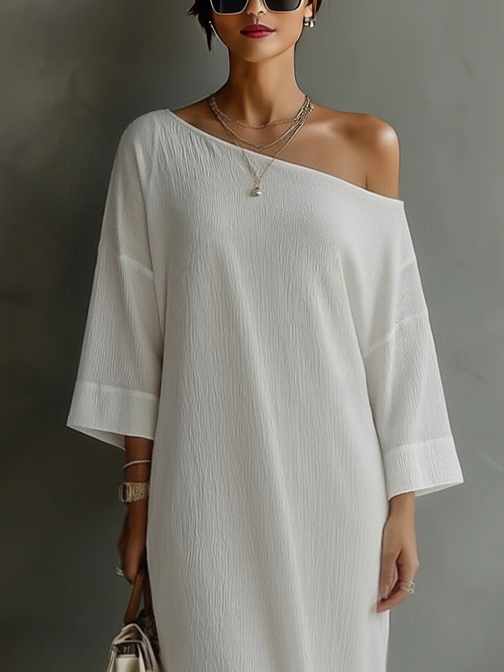 Ropa Elegante Fluida con Hombro Descubierto en Mezcla de Algodón-Lino Marfil Blanco MDA3032K4T
