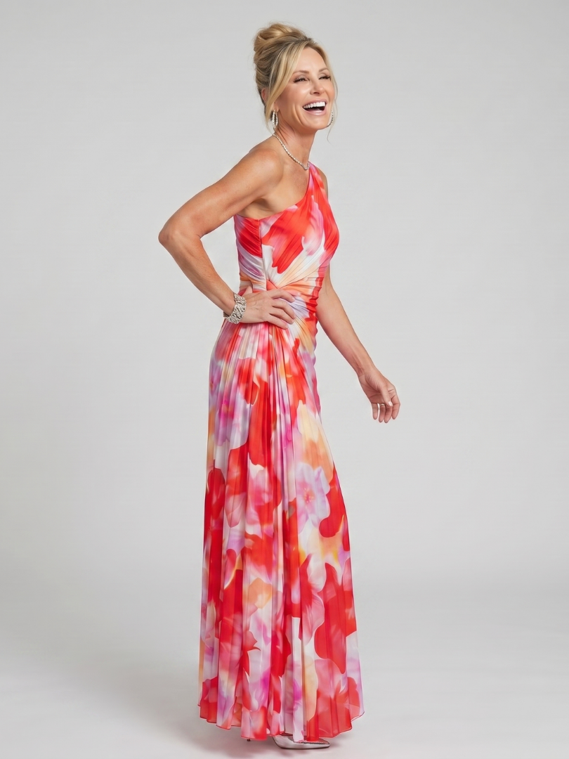 Taya | Vestido Midi con Busto Plisado de Un Hombro