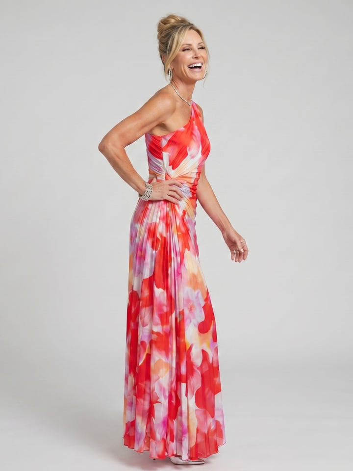 Taya | Vestido Midi con Busto Plisado de Un Hombro