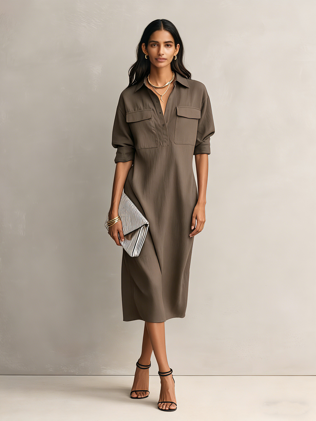 Ropa Midi Elegante Mujer en Mezcla de Algodón-Lino Negro con Cuello de Camisa y Mangas Cortas MDZ0455C2AN
