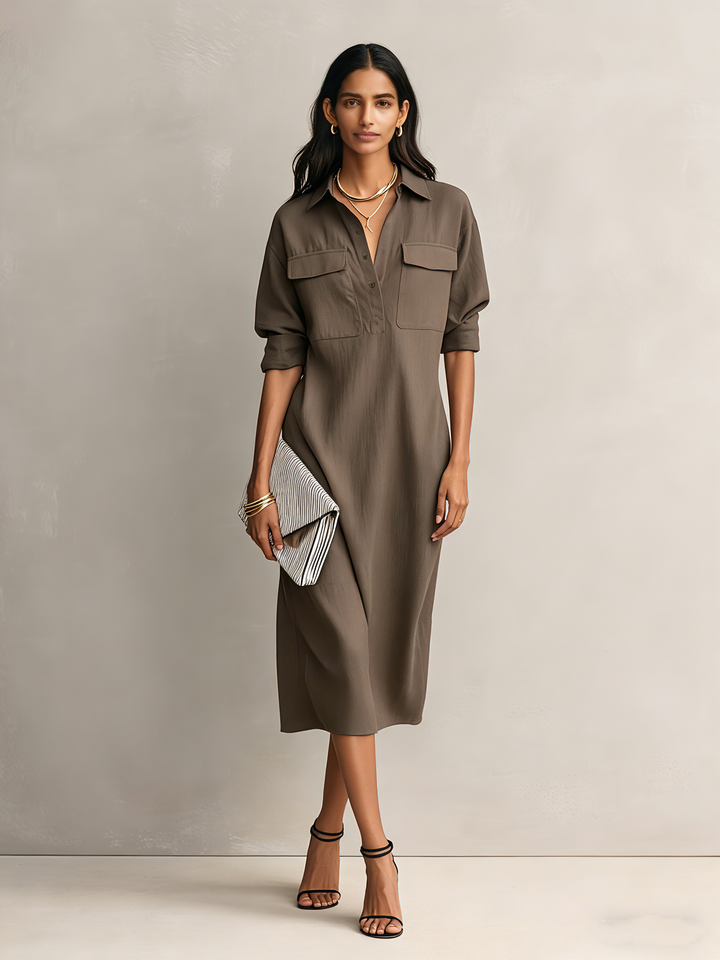 Ropa Midi Elegante Mujer en Mezcla de Algodón-Lino Negro con Cuello de Camisa y Mangas Cortas MDZ0455C2AN