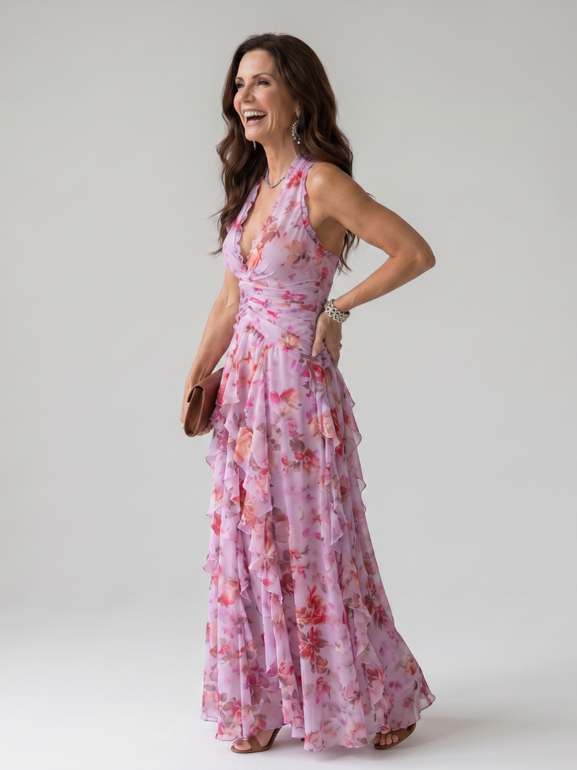 Nori | Vestido Maxi con Escote Halter y Corsé Fruncido Floral