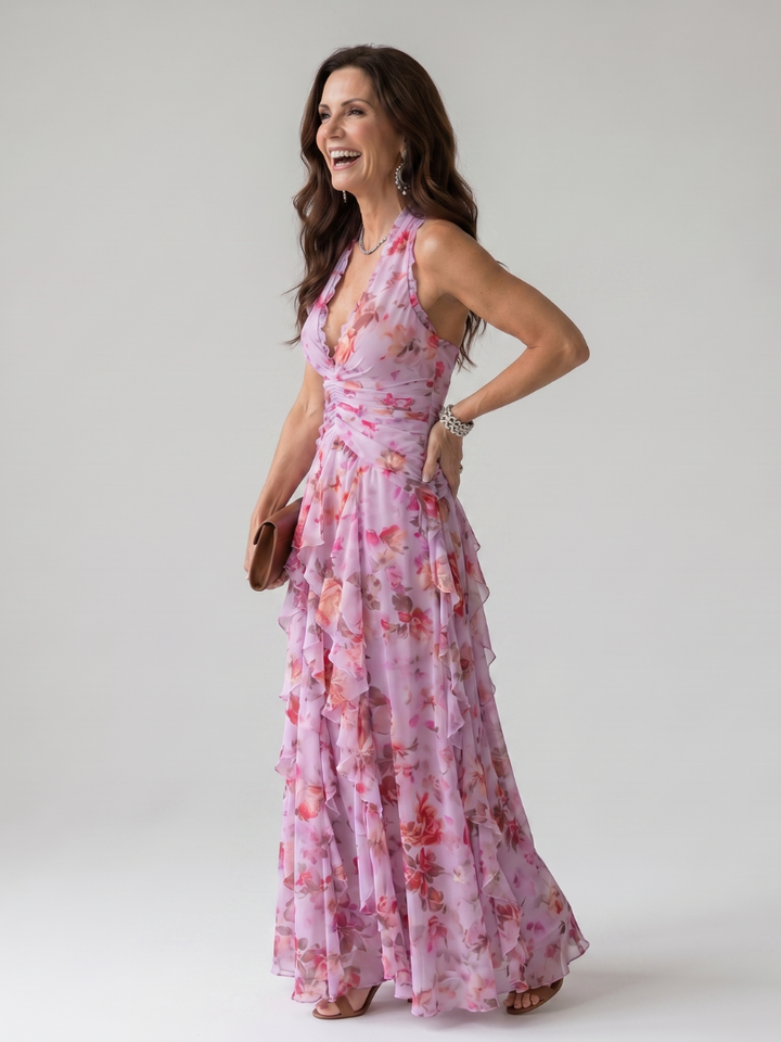 Nori | Vestido Maxi con Escote Halter y Corsé Fruncido Floral